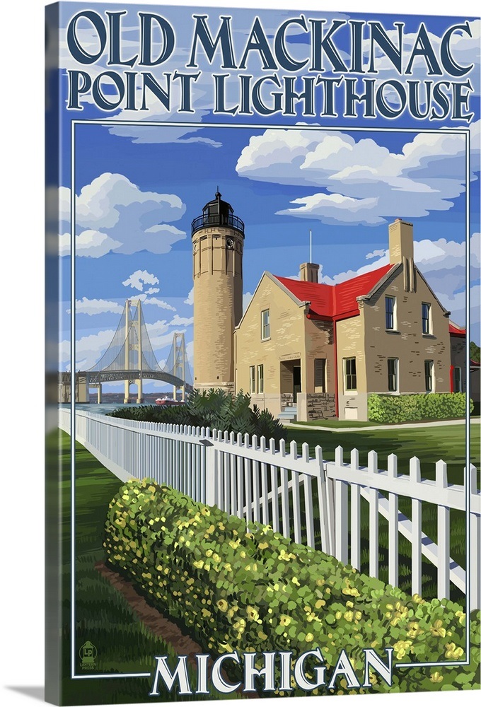 Mackinac Island, Michigan Old Mackinac Lighthouse Retro Travel Poster Wall Art, Canvas Prints