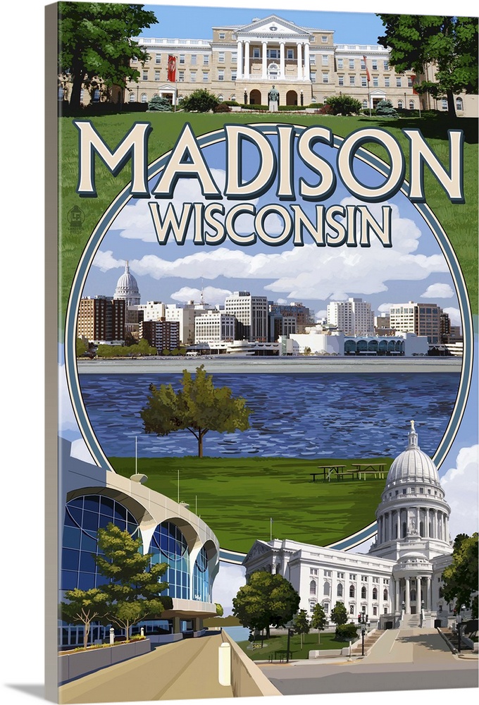 Madison, Wisconsin - Montage Scenes: Retro Travel Poster