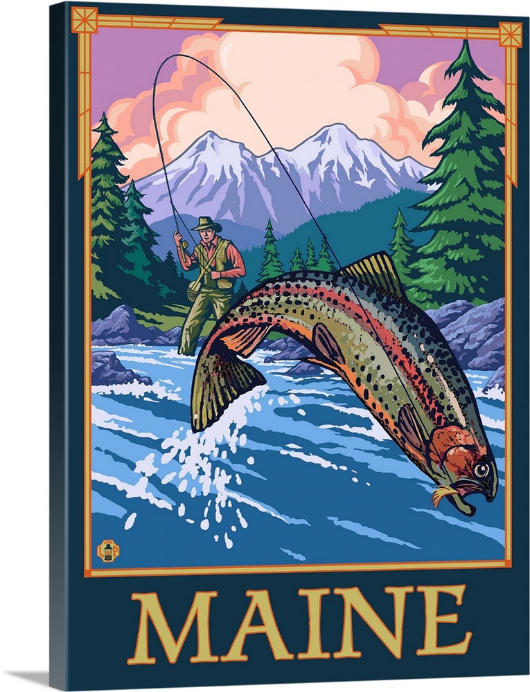 Maine - Angler Fisherman Scene: Retro Travel Poster