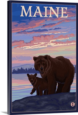 Maine - Bear and Cub: Retro Travel Poster