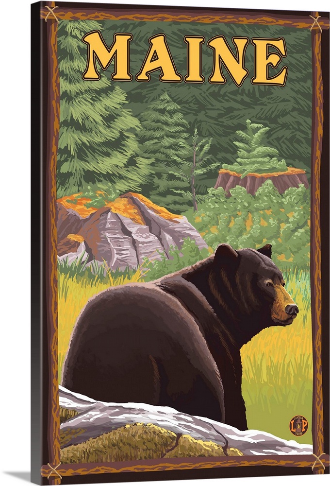 Maine - Black Bear in Forest: Retro Travel Poster