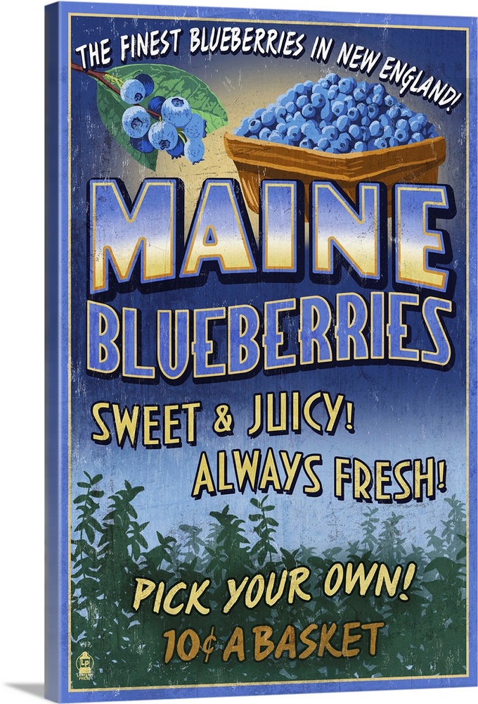 Retro stylized art poster of a vintage sign advertising blueberries.
