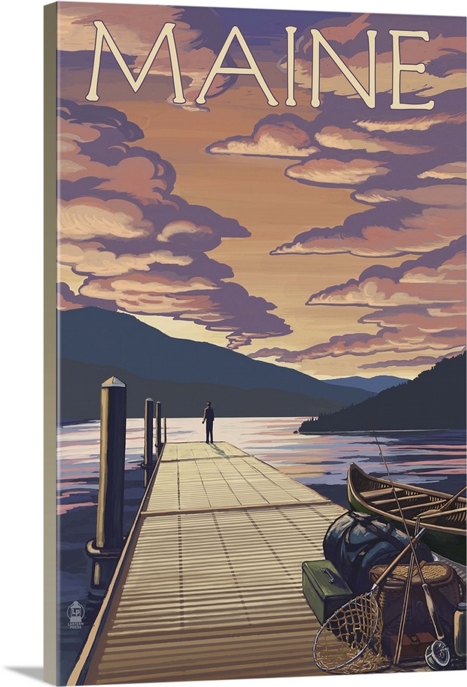 Maine - Dock and Sunset Scene: Retro Travel Poster