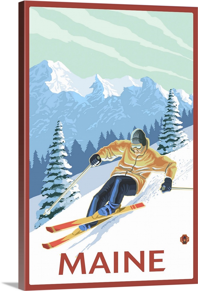 Maine - Downhill Skier Scene: Retro Travel Poster