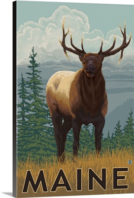 Maine - Elk Scene: Retro Travel Poster