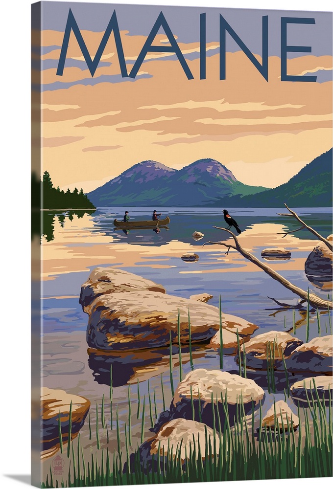 Maine - Lake Scene and Canoe: Retro Travel Poster