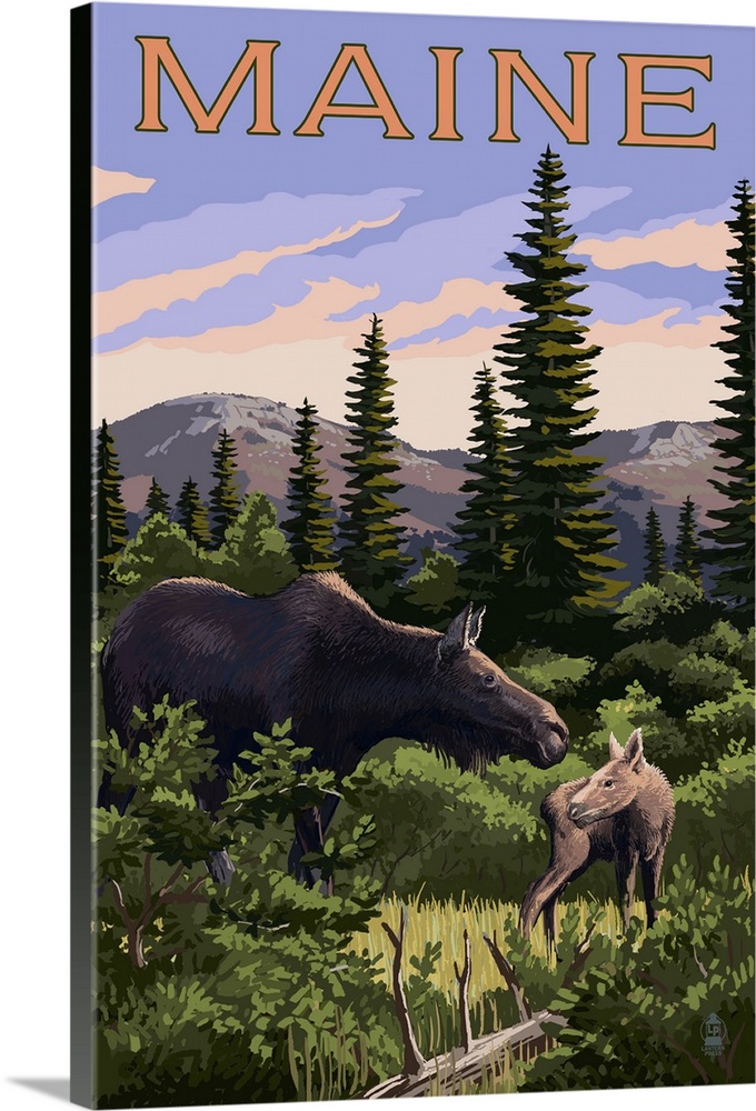 Maine - Moose and Baby Scene: Retro Travel Poster
