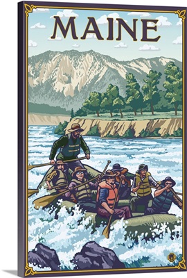 Maine - River Rafting Scene: Retro Travel Poster