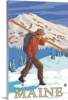 Maine - Skier Carrying Skis: Retro Travel Poster