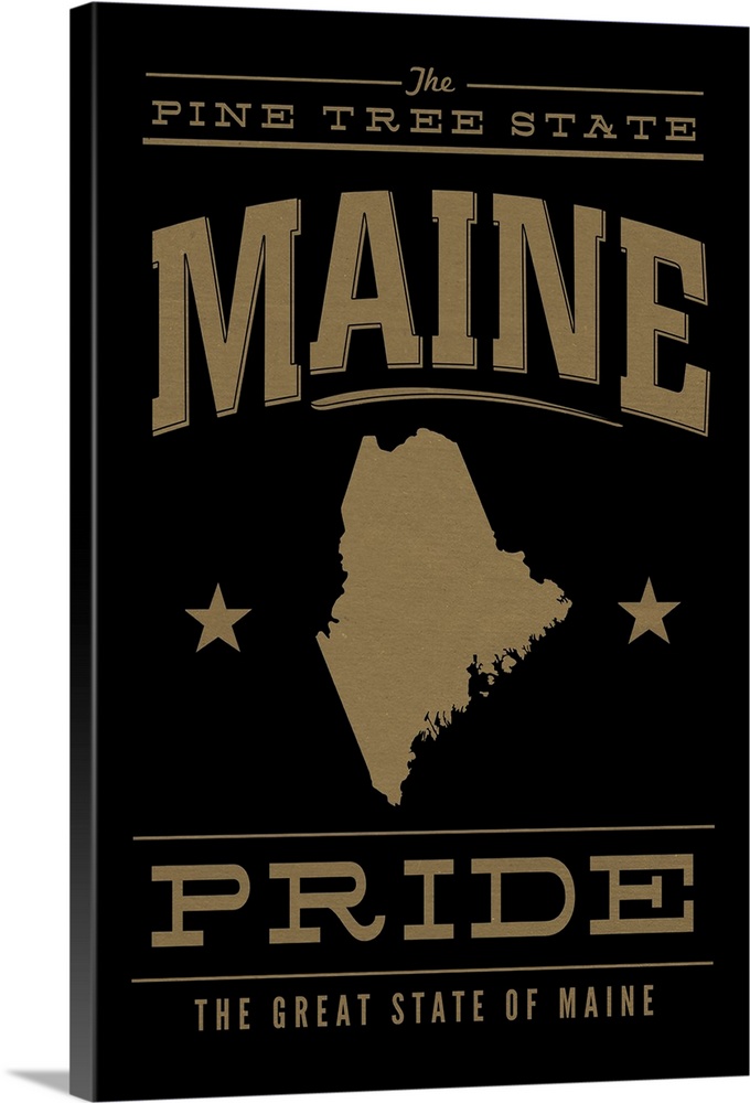The Maine state outline on black with gold text.