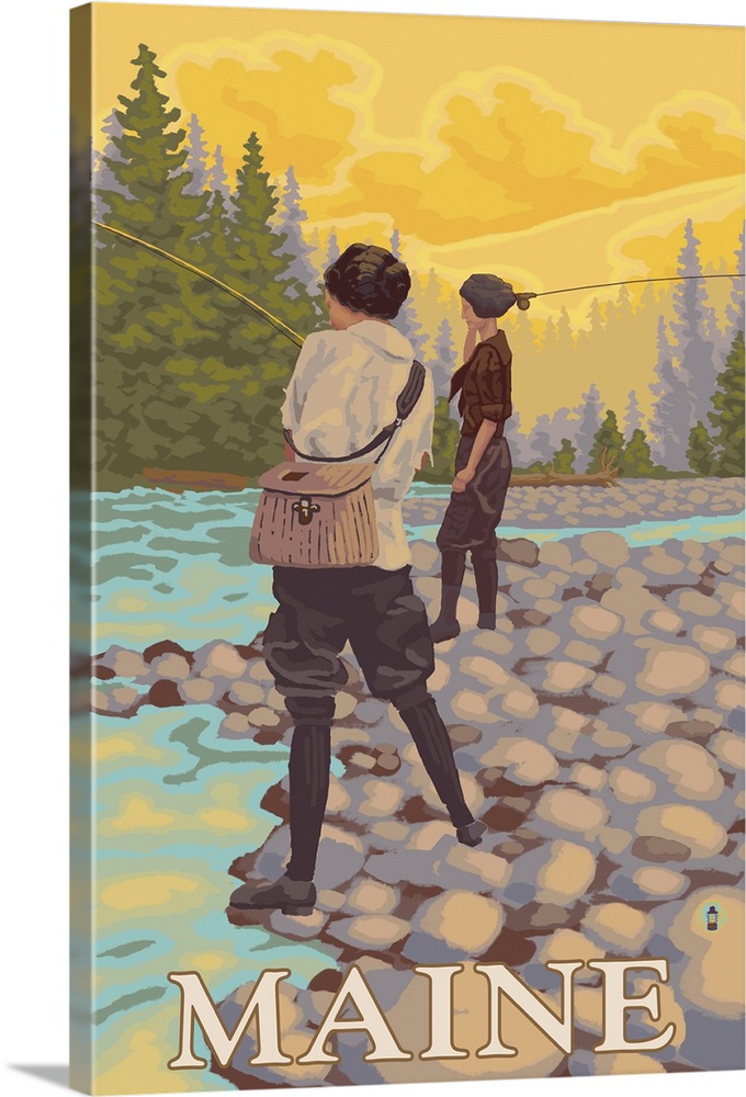 Maine - Women Fly Fishing Scene: Retro Travel Poster | Large Solid-Faced Canvas Wall Art Print | Great Big Canvas