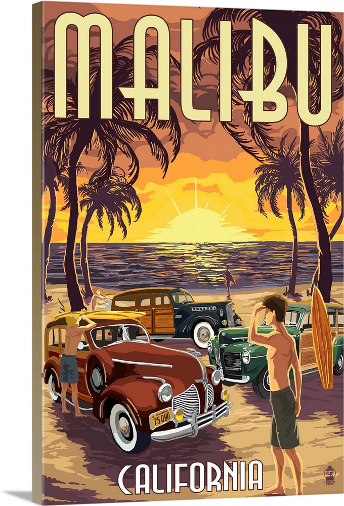 Retro Vintage Travel Poster MALIBU CALIFORNIA  LARGE A3 Size CANVAS ART PRINT