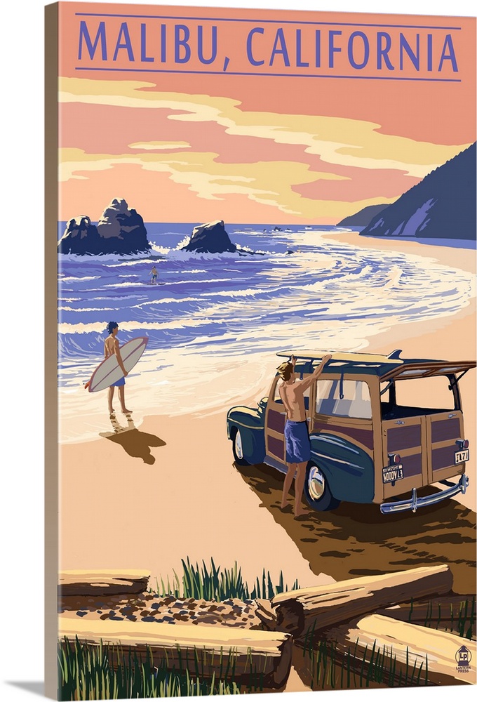 Malibu, California - Woodies on the Beach: Retro Travel Poster