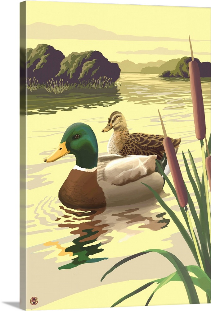 Retro stylized art poster of a mallard couple on a lake.