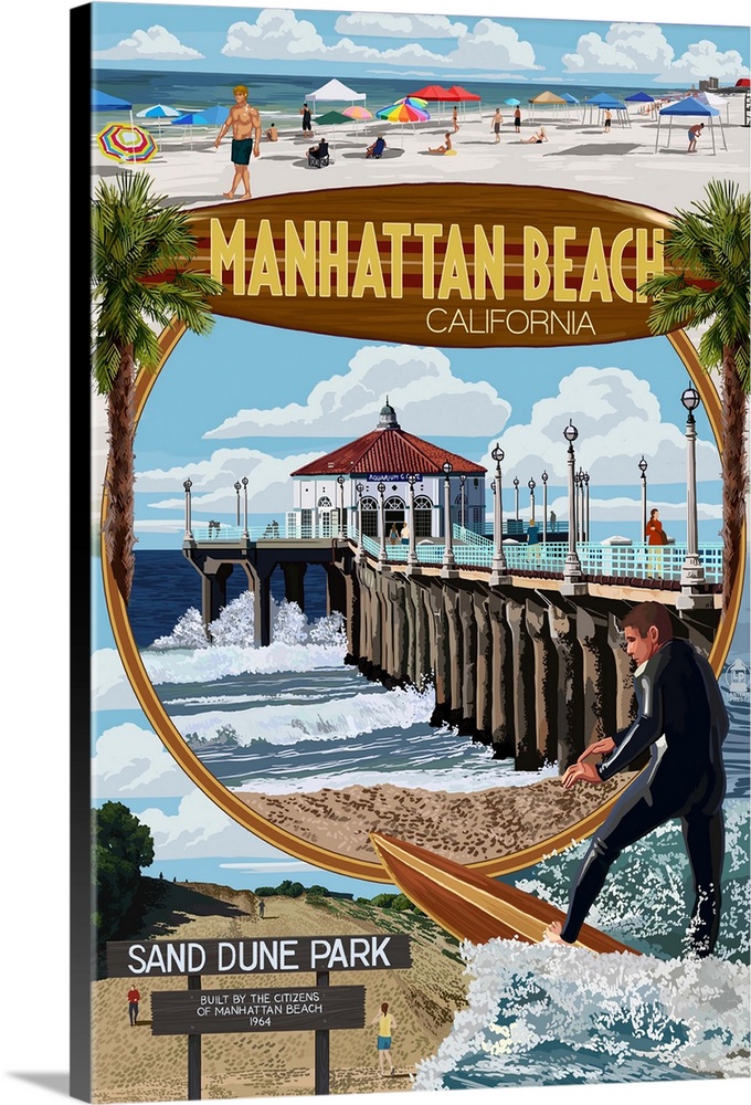 Manhattan Beach, California - Montage Scenes: Retro Travel Poster