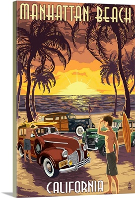 Manhattan Beach, California - Woodies and Sunset: Retro Travel Poster image thumbnail