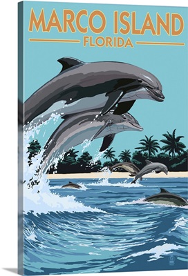 Marco Island, Florida - Dolphins Jumping: Retro Travel Poster