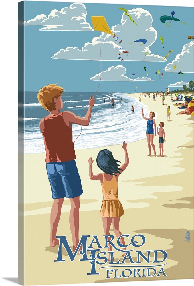 Marco Island, Florida - Kites on Beach: Retro Travel Poster