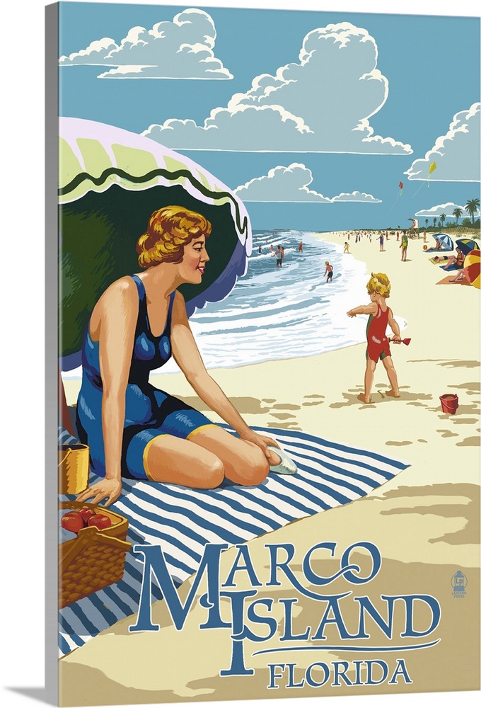 Marco Island, Florida - Woman on Beach: Retro Travel Poster