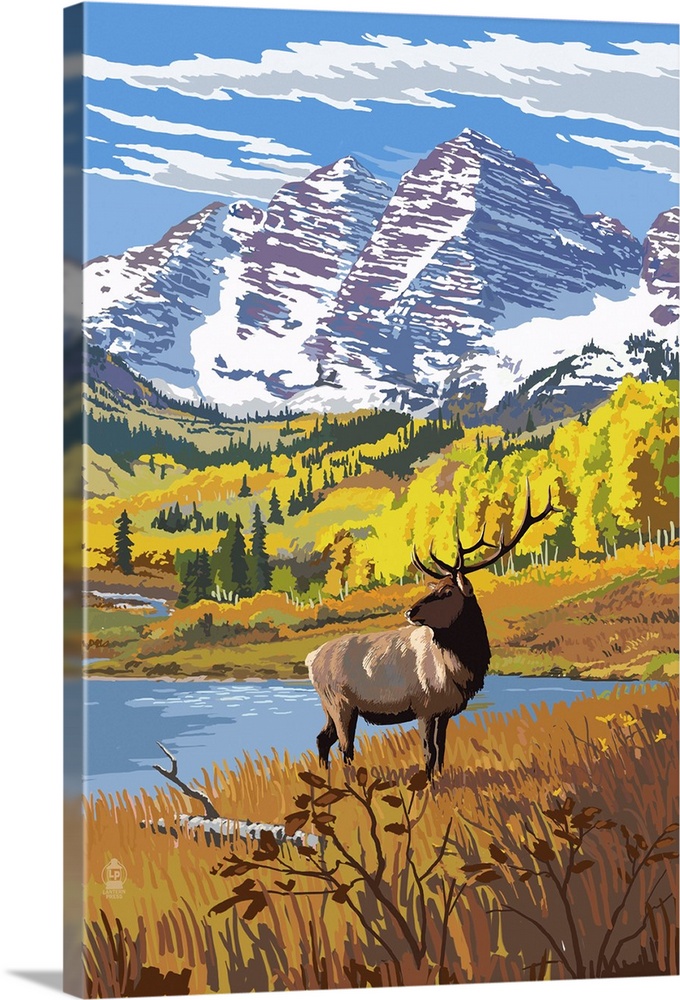 Maroon Bells and Elk: Retro Poster Art
