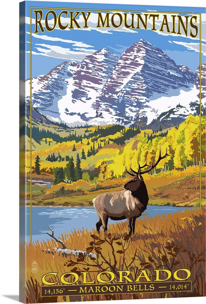 Retro stylized art poster of an elk in the wilderness, with snow covered mountains in the background.