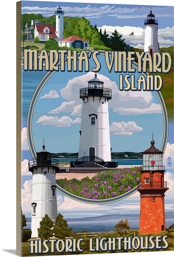 Retro stylized art poster of a collection of lighthouse images with a coastal lighthouse scene in the center of the image.