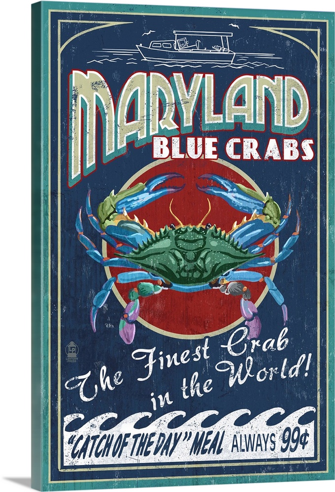 Maryland - Blue Crabs Vintage Sign: Retro Travel Poster
