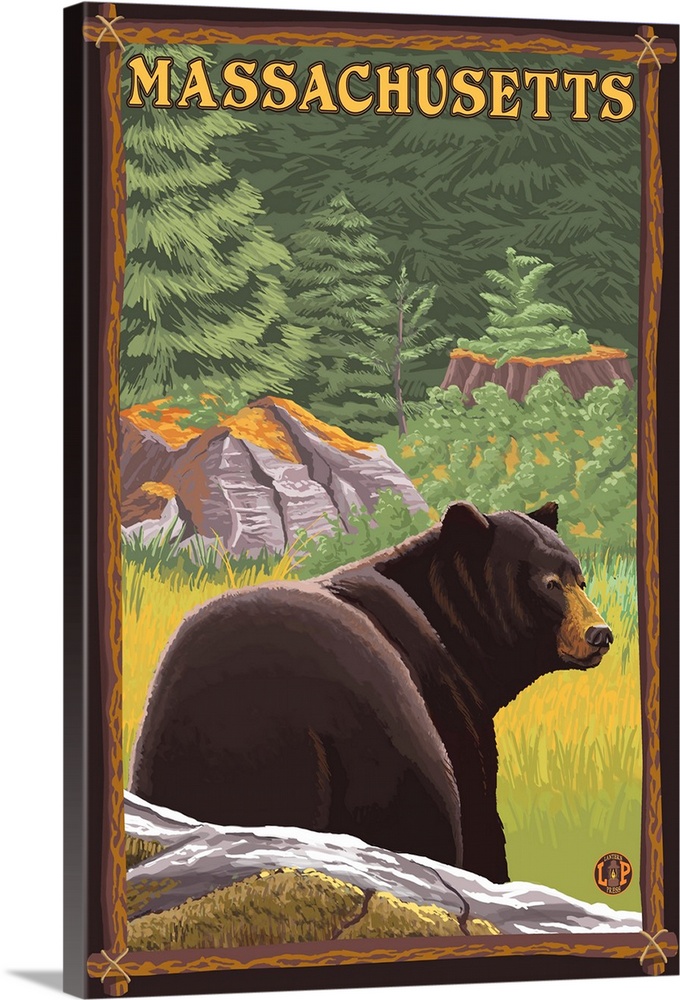 Massachusetts - Black Bear in Forest: Retro Travel Poster