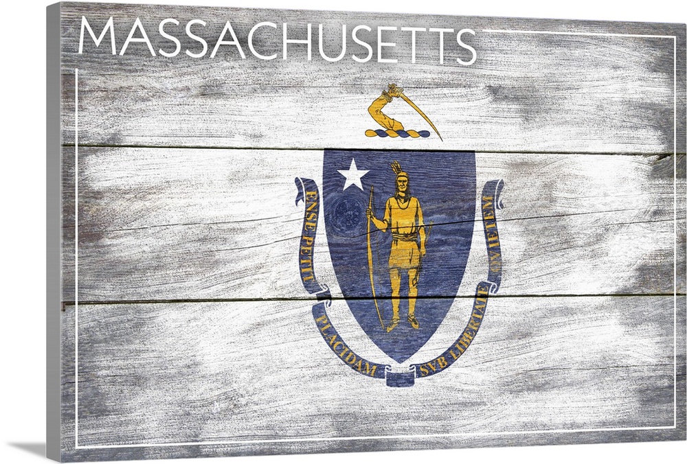 The flag of Massachusetts with a weathered wooden board effect.