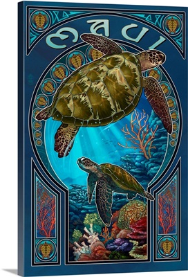 Maui, Hawaii, Sea Turtle Art Nouveau