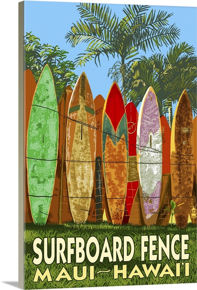 Maui, Hawaii Surfboard Fence Retro Travel Poster Wall Art, Canvas Prints, Framed Prints, Wall