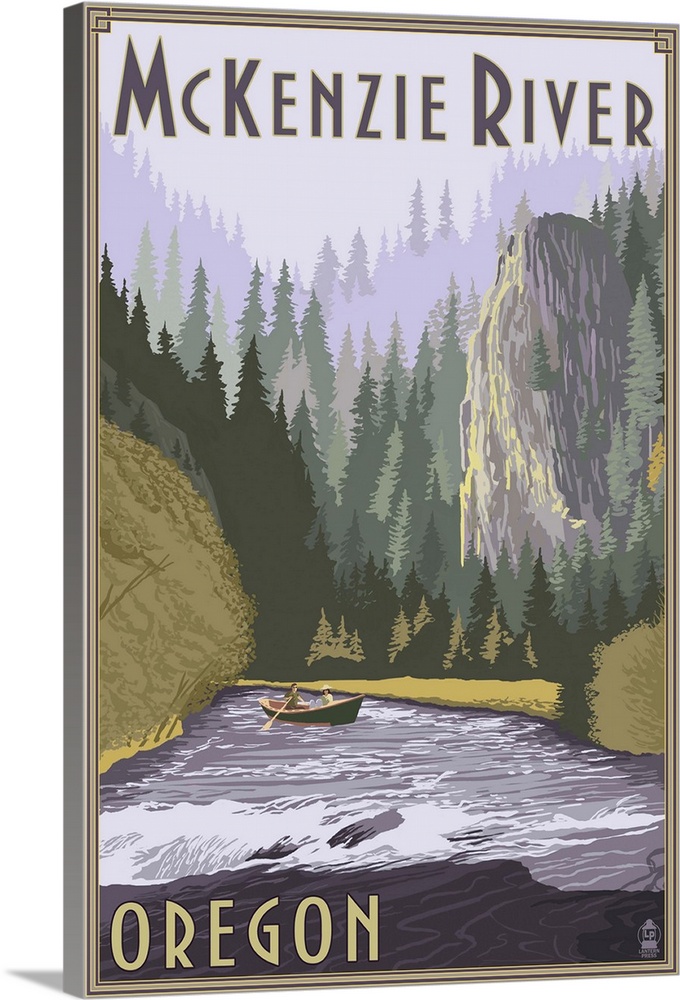 Retro stylized art poster of a river,with a dense misty forest with a cliff in the background.