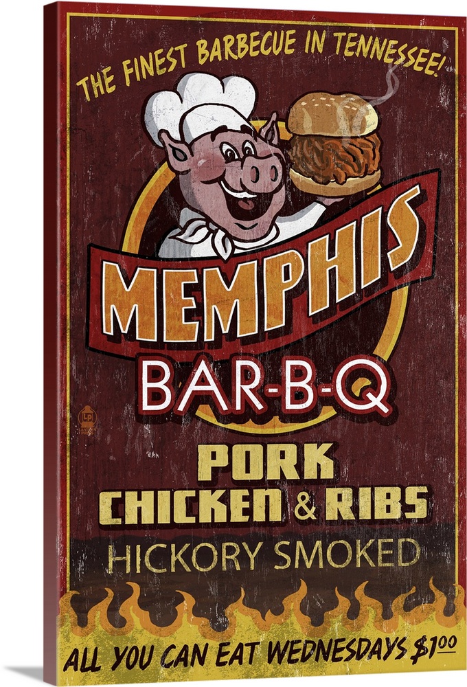Memphis, Tennessee - Barbecue Vintage Sign: Retro Travel Poster