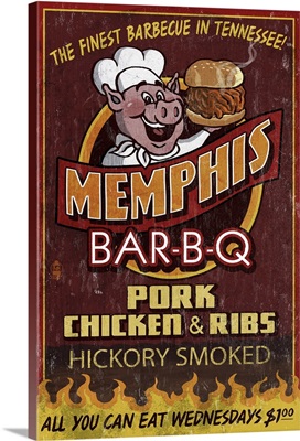 Memphis, Tennessee - Barbecue Vintage Sign: Retro Travel Poster