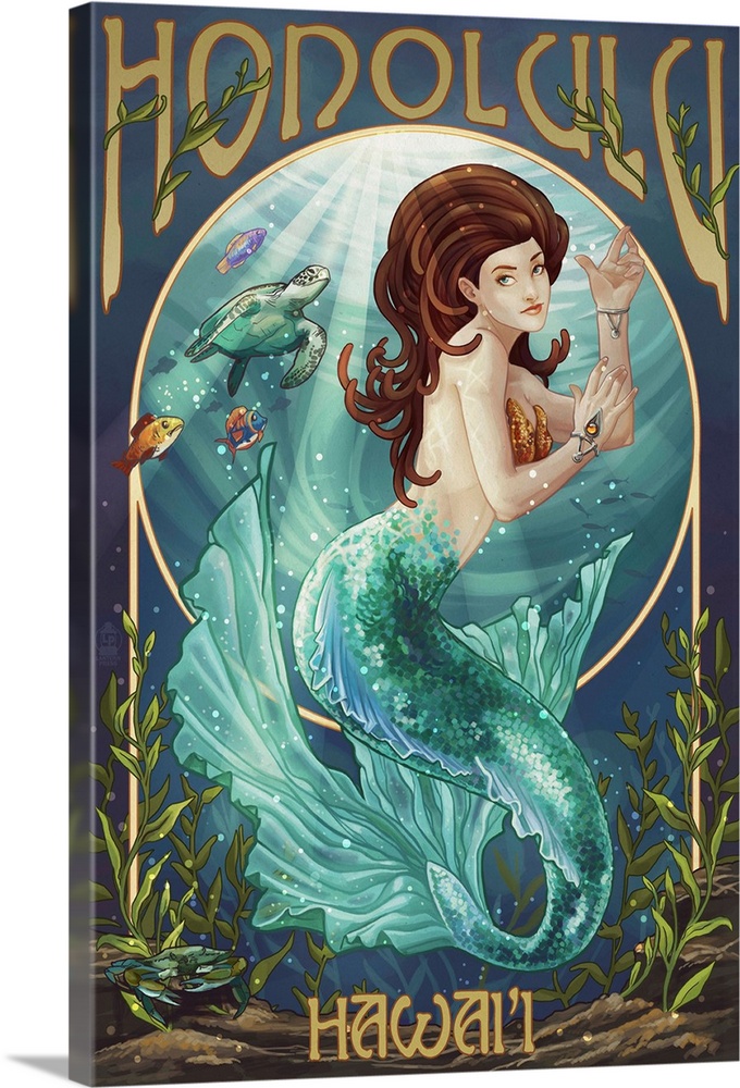 Mermaid - Honolulu, Hawaii: Retro Travel Poster