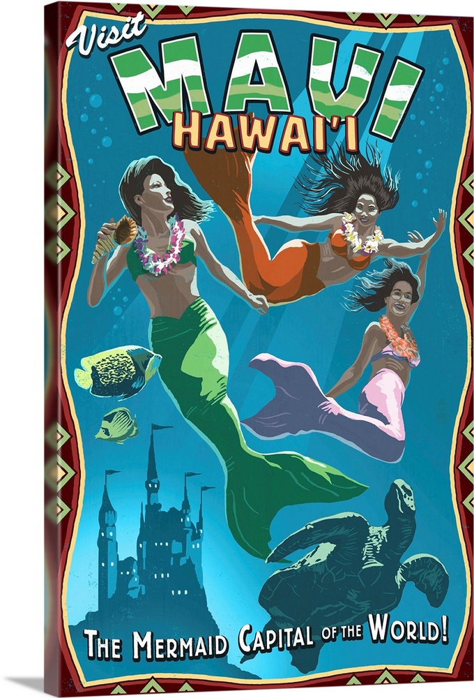 Mermaid Vintage Sign - Maui, Hawaii: Retro Travel Poster