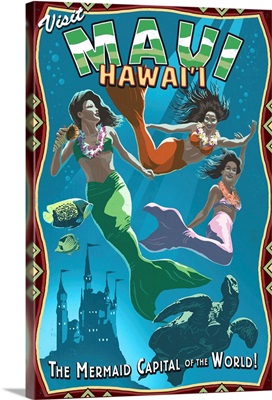 Mermaid Vintage Sign - Maui, Hawaii: Retro Travel Poster