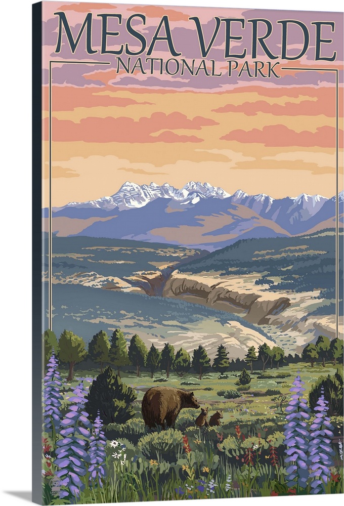 Mesa Verde National Park, Colorado - Bear Family and Flowers: Retro Travel Poster