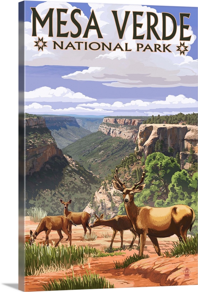 Mesa Verde National Park, Colorado - Deer Family: Retro Travel Poster