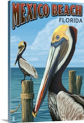 Mexico Beach, Florida - Brown Pelicans: Retro Travel Poster