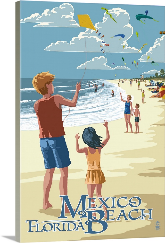 Retro stylized art poster of a man and girl flying a kite on the beach with text underneath saying Mexico Beach, Florida.