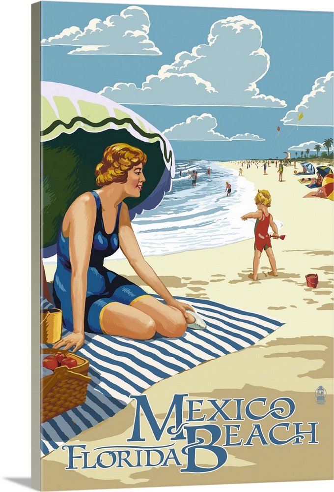 Retro stylized art poster of a woman sitting on a beach towel under an umbrella with text underneath saying Mexico Beach, ...