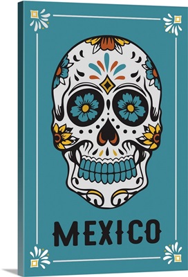 Mexico - Sugar Skull & Flower Pattern - White & Blue