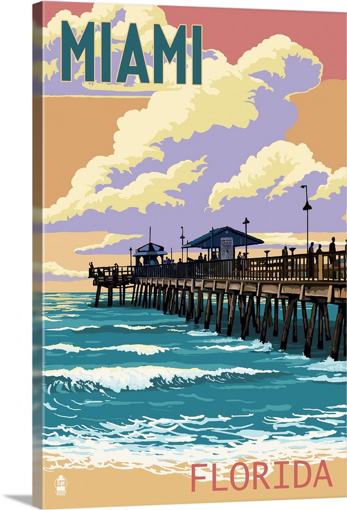Miami, Florida - Fishing Pier and Sunset: Retro Travel Poster