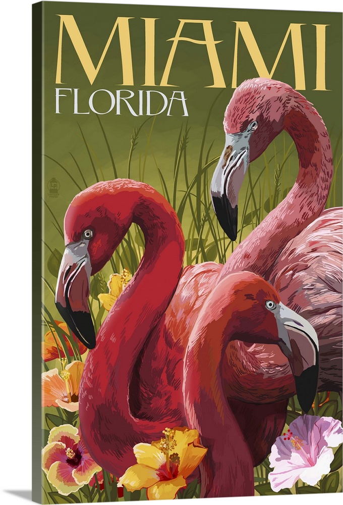 Vintage Travel *FRAMED* CANVAS PRINT Miami Beach Flamingo TWA 20x16" 