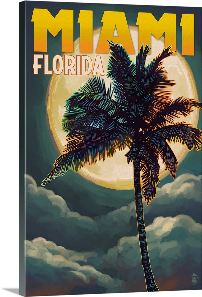 Miami, Florida - Palms and Moon: Retro Travel Poster