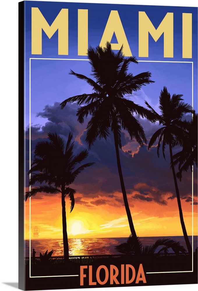 Miami, Florida - Palms and Sunset: Retro Travel Poster