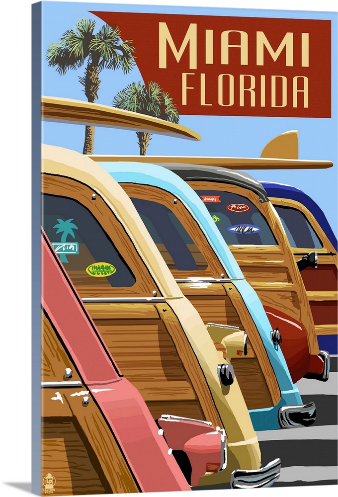 Miami, Florida - Woodies Lined Up: Retro Travel Poster