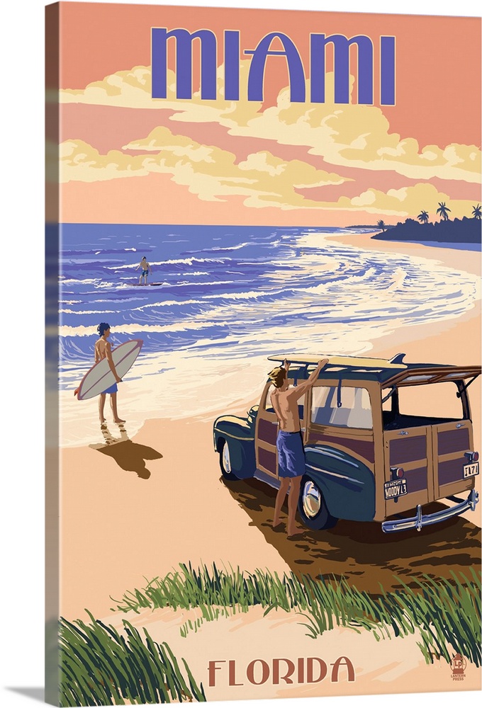 Miami, Florida - Woody On The Beach: Retro Travel Poster