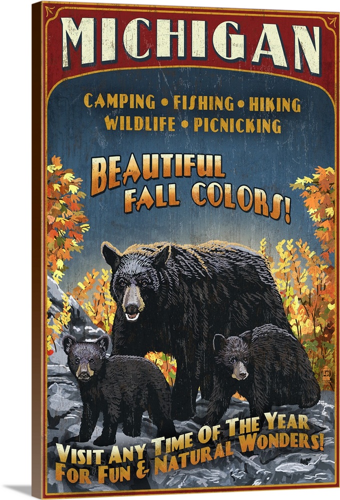 Michigan - Black Bears and Fall Colors Vintage Sign: Retro Travel Poster
